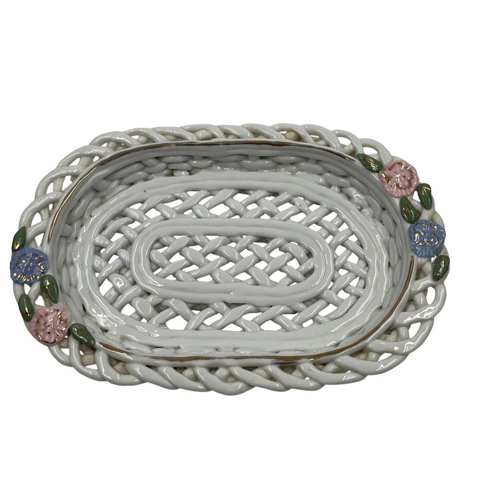 White Ceramic Lattice Woven Basket Oval Trinket Dish Pink Blue Applied Flowers